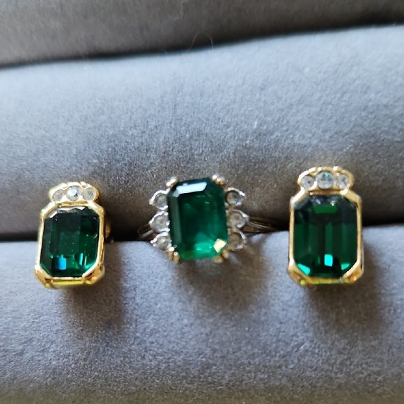 Joseph Esposito Jewelry - Joseph Esposito Signed CZ 14K Electroplate Matching Ring & Earrings Vintage